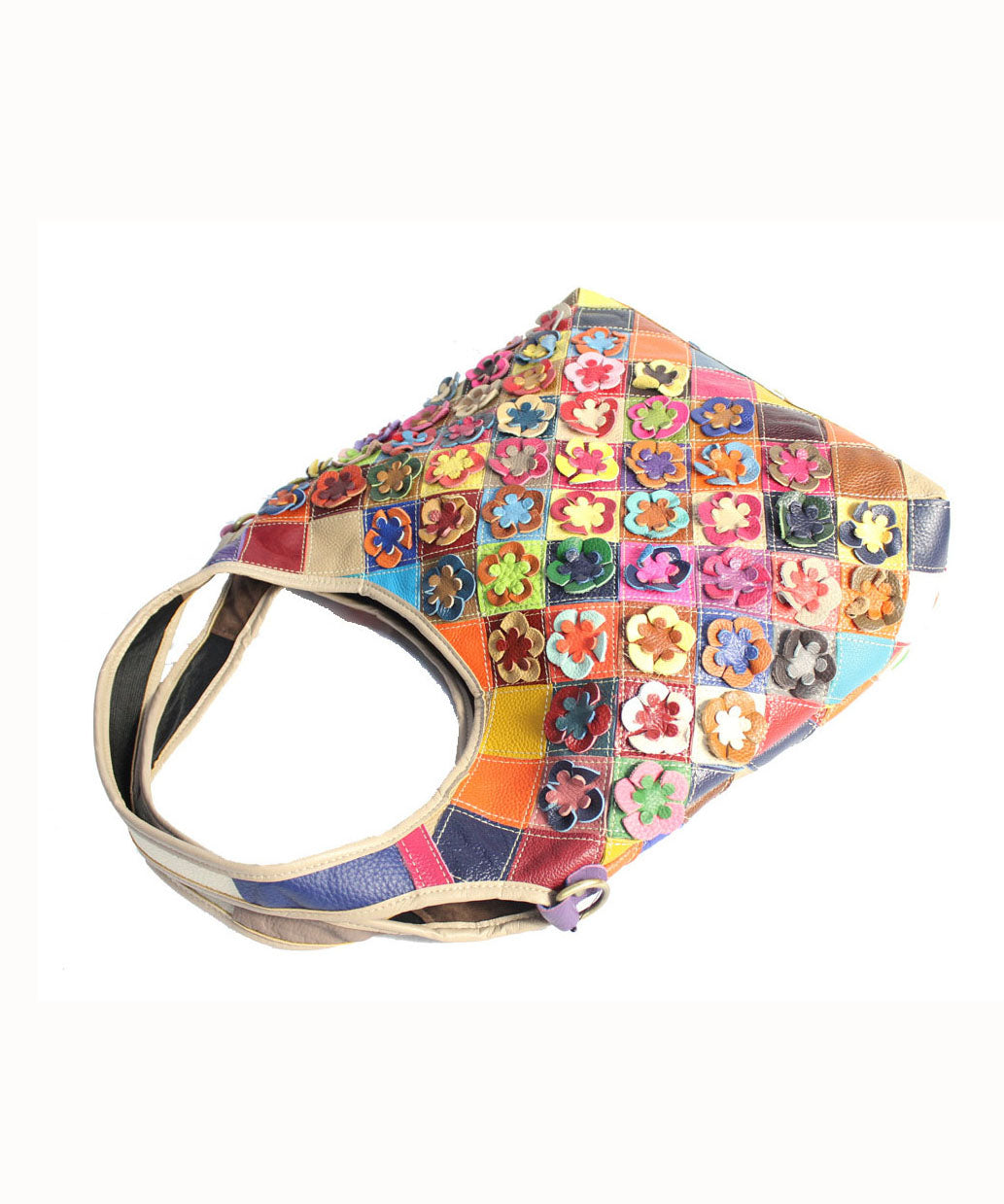 Stylish Multi Color Plaid Floral Patchwork Zippered Calf Leather Satchel BAG