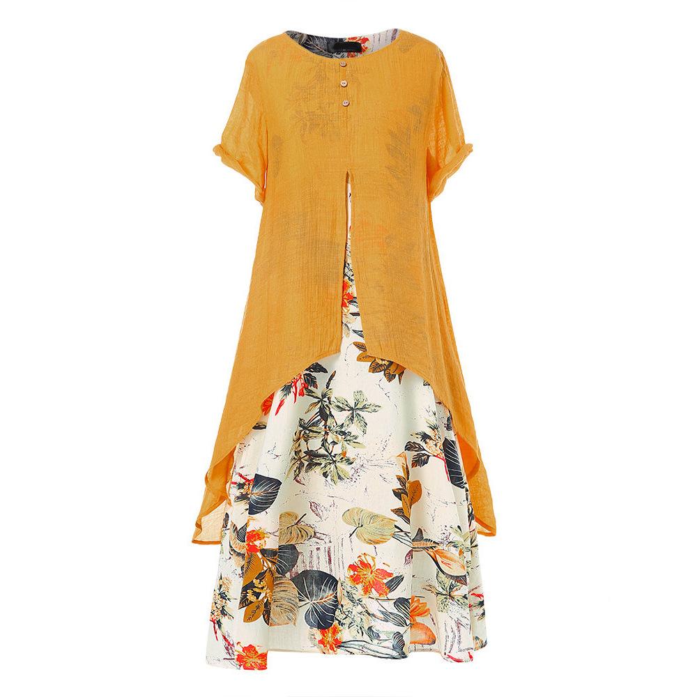 VESTIDO DE DOS PIEZAS DE IMITACIÓN CAMPESINA CON ESTAMPADO DE ALGODÓN Y LINO Y ESCOTE REDONDO