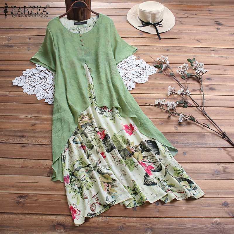 VESTIDO DE DOS PIEZAS DE IMITACIÓN CAMPESINA CON ESTAMPADO DE ALGODÓN Y LINO Y ESCOTE REDONDO