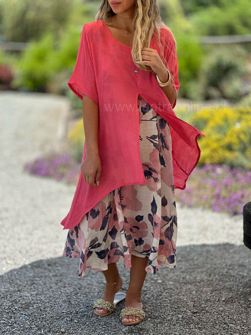 VESTIDO DE DOS PIEZAS DE IMITACIÓN CAMPESINA CON ESTAMPADO DE ALGODÓN Y LINO Y ESCOTE REDONDO