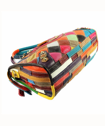 Elegant Colorblock Rivet Zippered Patchwork Calf Leather Tote BAG