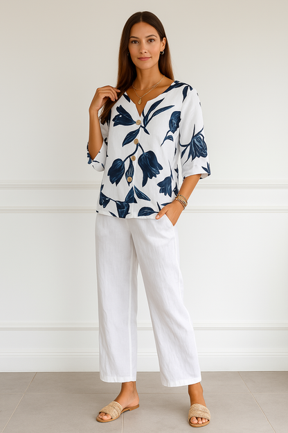 Blusa jersey de algodón y lino con cuello de pico
